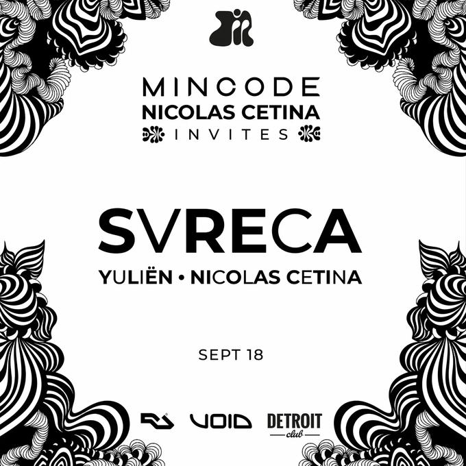 Flyer: MINCODE — Nicolas Cetina invites Svreca and Yuliën at Detroit Club, Barcelona, 18 September